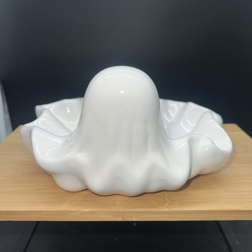 Vintage Ceramic Halloween Ghost Candy Trinket Dish Smiling White 8" Boo Party - Picture 4 of 5